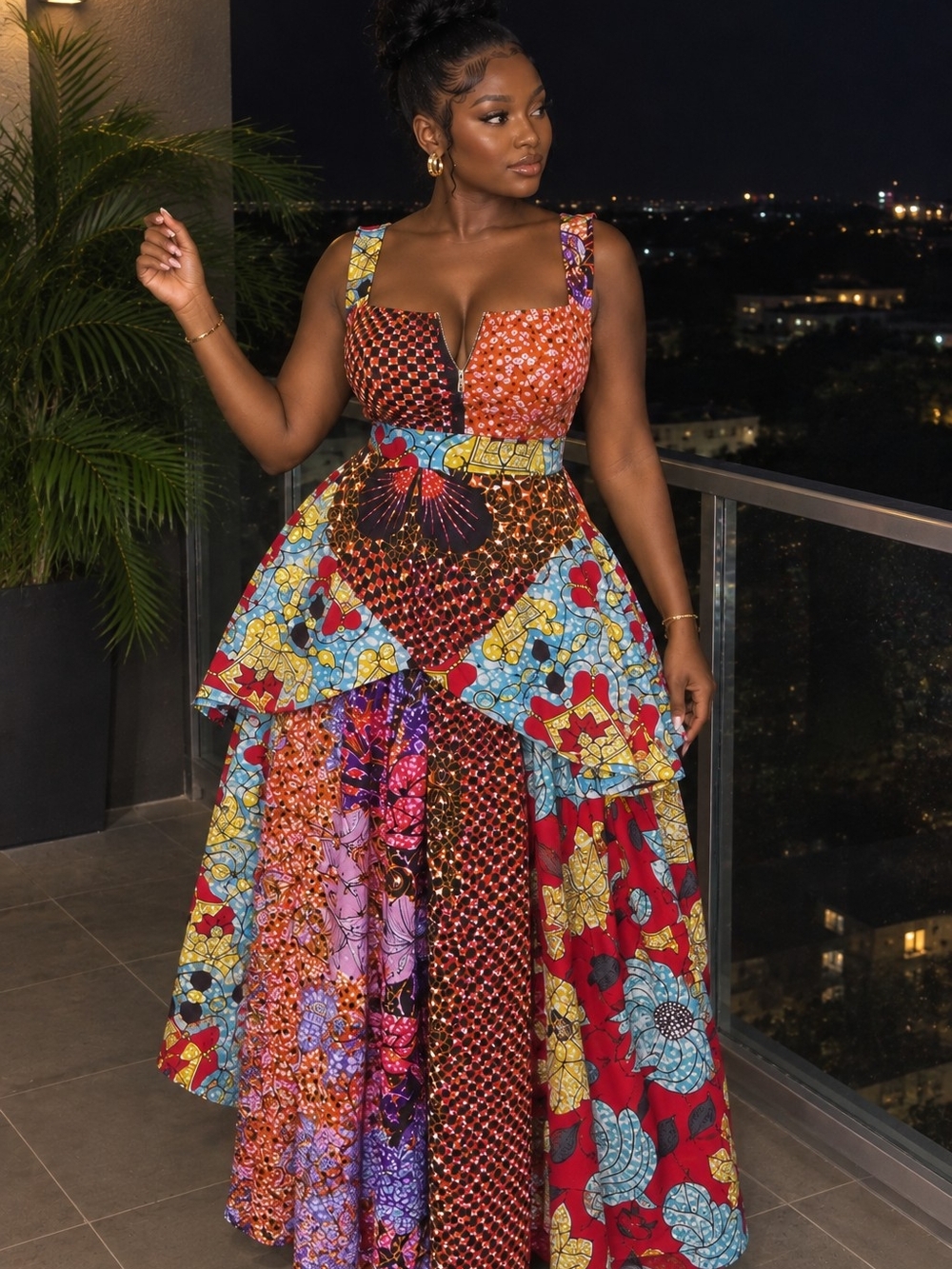 Multicolor  Patchwork Top And Skirt Set with  Zipper Front